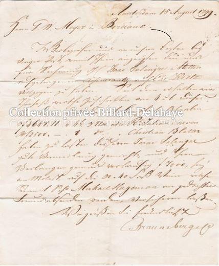 Lettre d'Amsterdam 15 août 1799 à G.M. MEYER écrite par BRAUNSBERG..