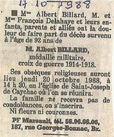 Avis de  décès d'Albert BILLARD, il y a 30 ans, le 17.10.1988.