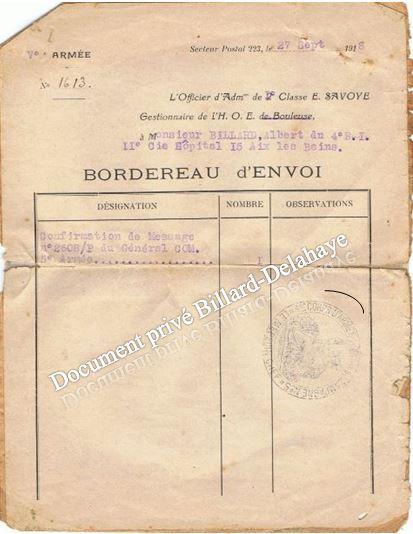 Confirmation d'envoi au Soldat BILLARD 4e R.I. 11ème Compagnie.