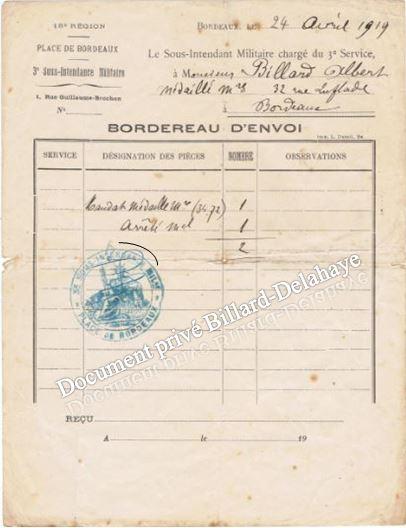 Bordereau d'envoi du 24.04.1919 à Albert BILLARD, Médaillé Militaire