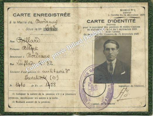 CARTE d'IDENTITE du 13 septembre 1921. MEDAILLE MILITAIRE.