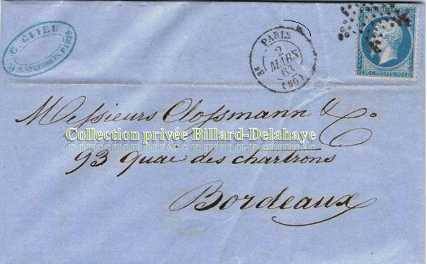 CLOSSMANN 93,quai des Chartrons BX. Envoi en 1863 de G.GUIEU-Paris.
