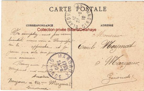 Verso. Propriété du maire de Blanquefort Jean-Baptiste Léon  Cavalié de 1878 à 1890 et conseiller général du canton vers 1904.