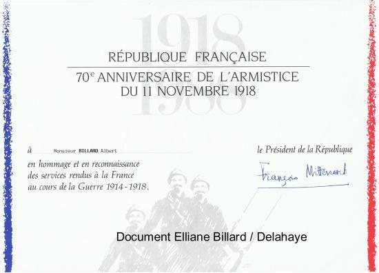 Diplôme en hommage et reconnaissance des services rendus à la France au cours de la Guerre 1914-1918.