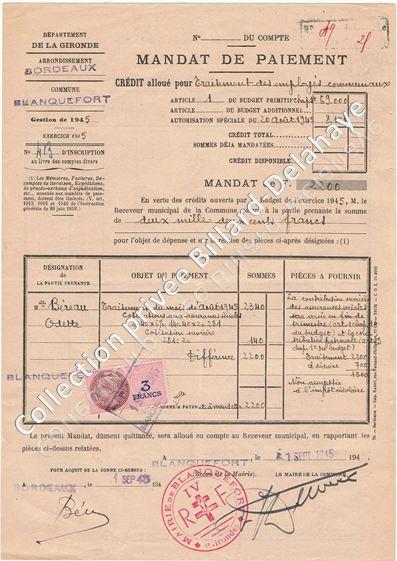 Mandat de paiement d'août 1945