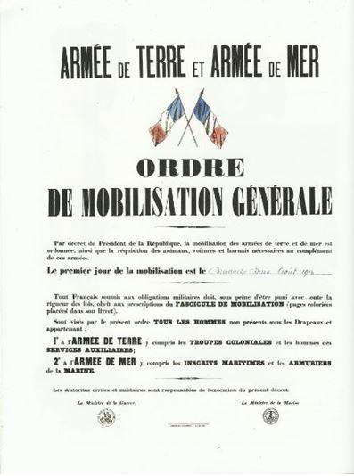 ORDRE DE MOBILISATION GENERALE affiché le samedii 1er août 1914.