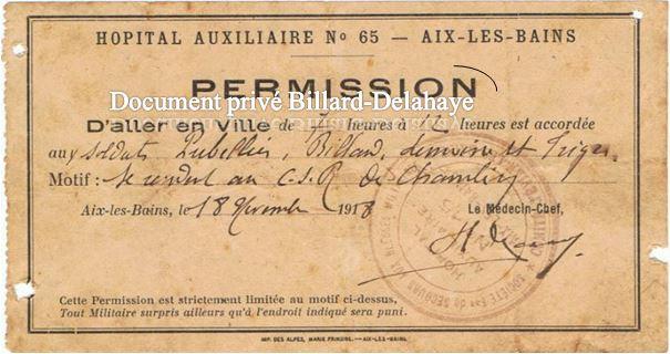 PERMISSION du 18.11.1918 donnée pour aller au C.S.R de Chambery.