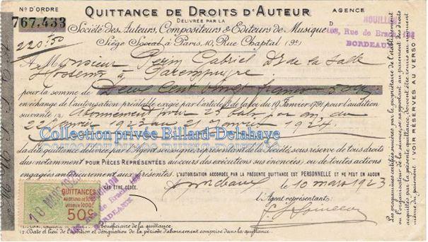 Quittance de Droits d'Auteur en 1923.Agence Houillon 168 rue de Brach