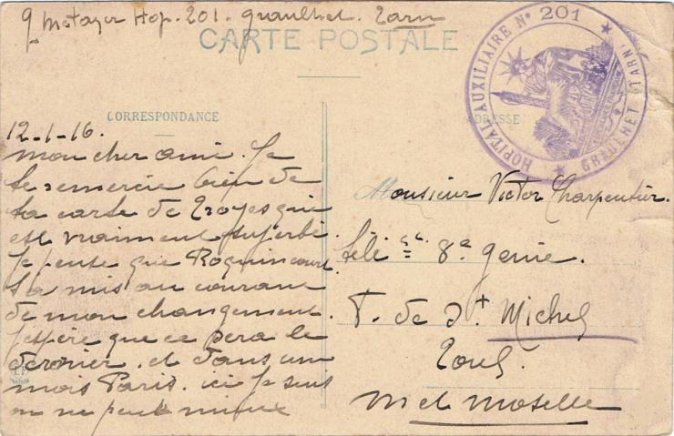 Courrier de G. Metayer de passage à Graulhet.